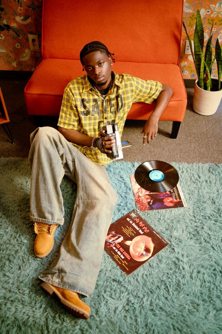 Model sitting in vintage streetwear
